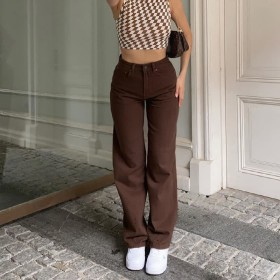 Brown washed high waist denim straight pants