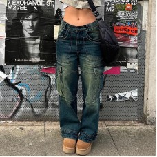 Vintage low-rise washed blue denim overalls