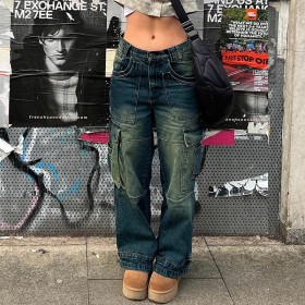 Vintage low-rise washed blue denim overalls