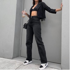 Washed high-waisted straight-leg jeans