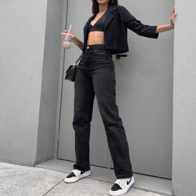 Washed high-waisted straight-leg jeans