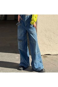 Retro distressed washed straight wide-leg patchwork jeans
