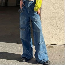 Retro distressed washed straight wide-leg patchwork jeans