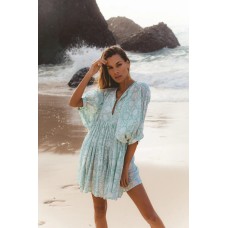 Printed lantern sleeves lace-up V-neck floral skirt